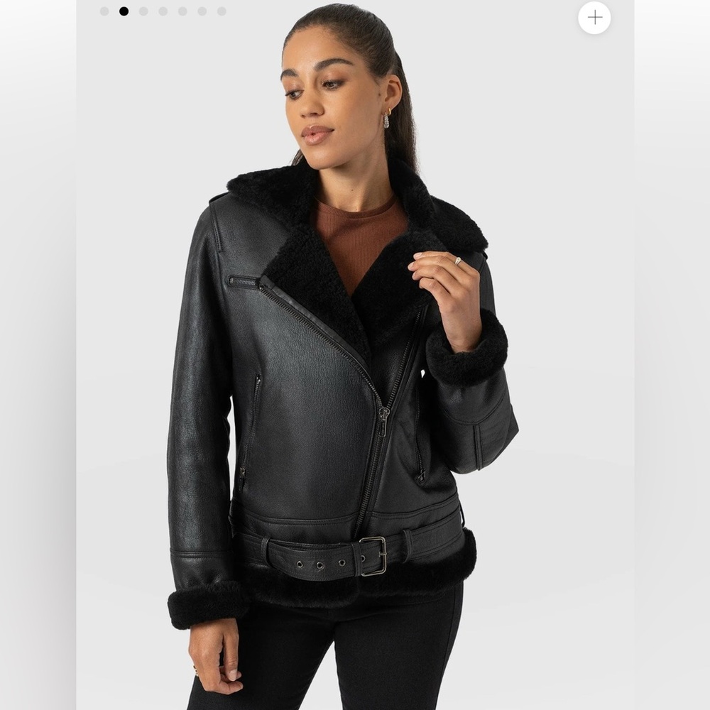 Real Leather & Shearling Biker Jacket - Picture 3 of 6